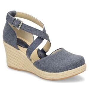 B.O.C. by  Born Bree Espadrilles Canvas Blue Denim Cross Ankle Straps Wedge Sz 8
